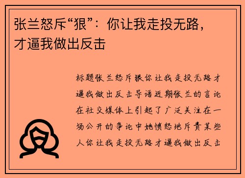张兰怒斥“狠”：你让我走投无路，才逼我做出反击